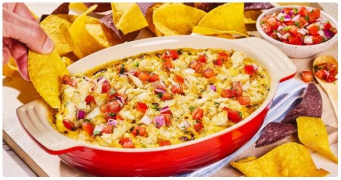 Red Lobster Crab Queso Platter with cheesy crab dip, pico de gallo, and tortilla chips
