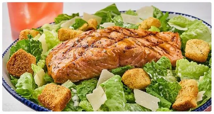 Red Lobster salmon Caesar plated close-up